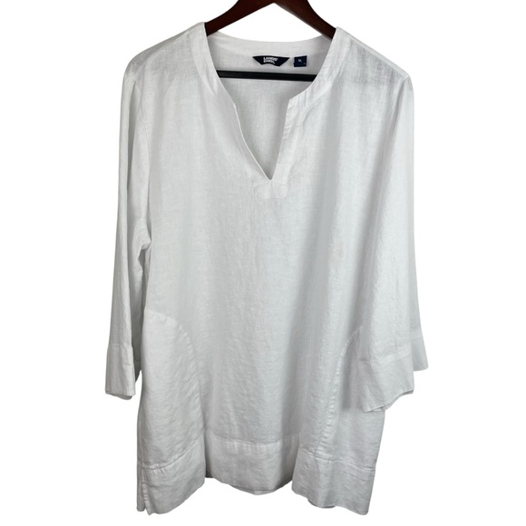 Lands End | White Linen Blend Split Neck Tunic Top - Picture 1 of 10
